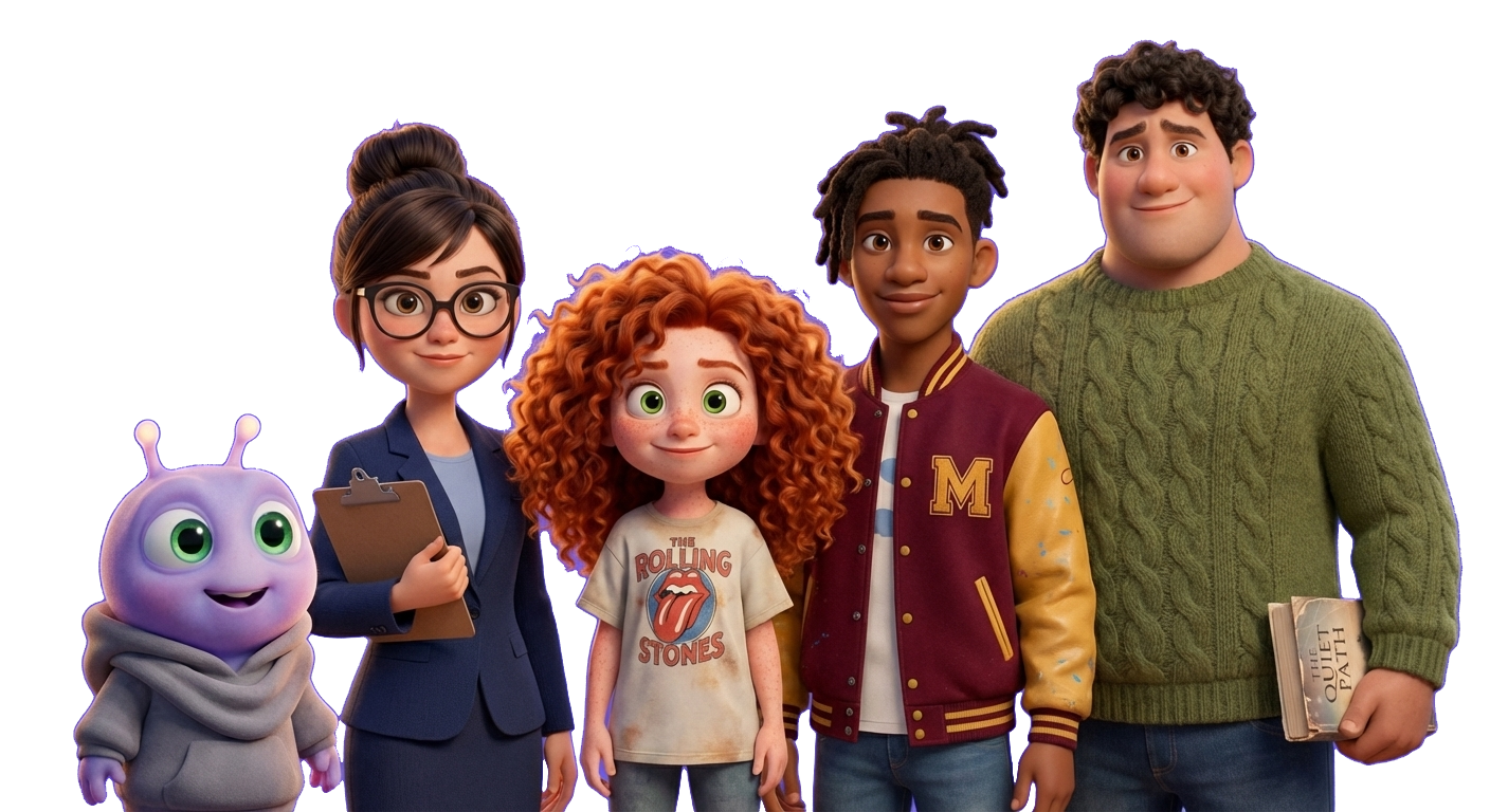 Meet the Speakli characters: Victor, Luna, Pepper, Malik, and Ziggy